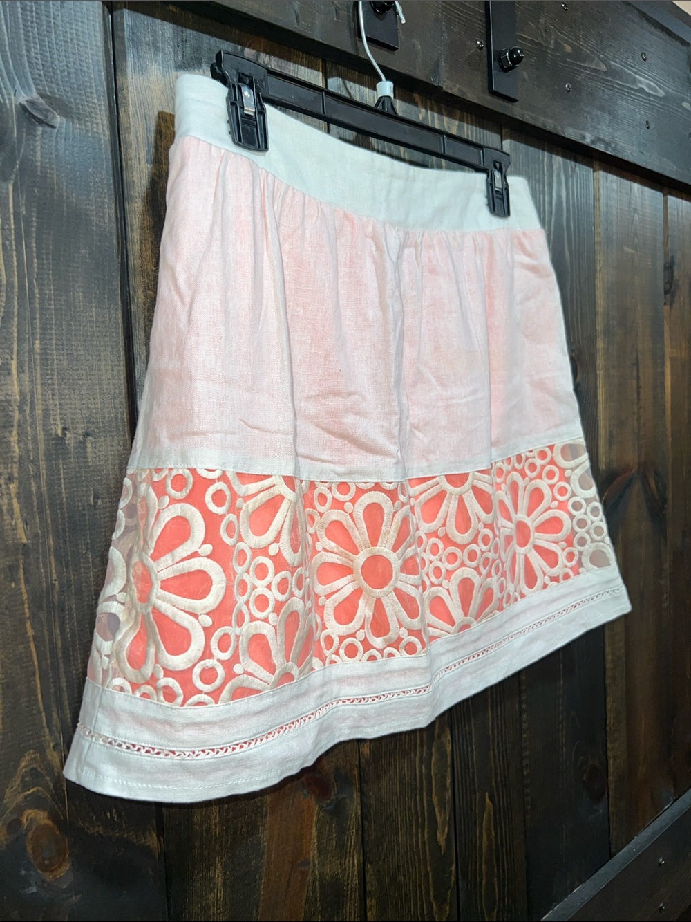 NWT Stoosh Linen Blend Mini Skirt L Coral Cream Boho Floral Sheer Lined Coastal - Picture 3 of 7